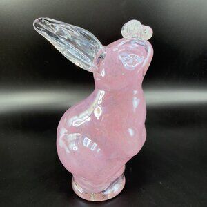Pink Art Glass Bunny Rabbit Figurine Paperweight W Clear Butterfly Glass Decor